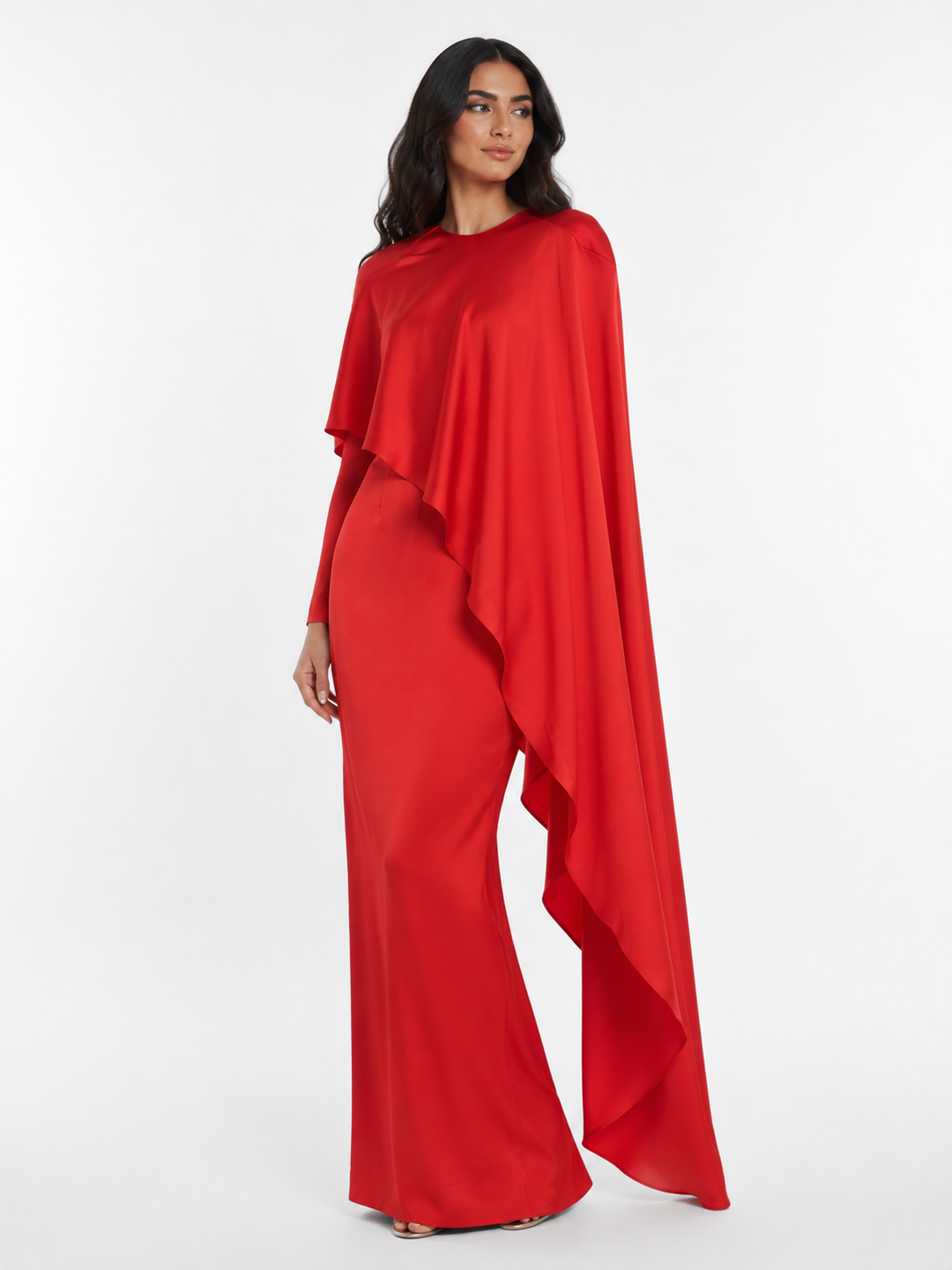 Asymmetric Draped Maxi Dress – Crimson