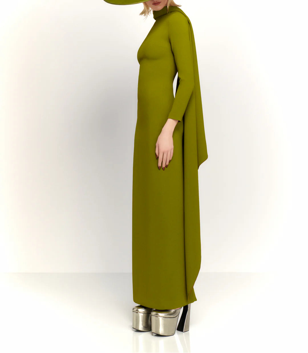asymmetric long-sleeve column dress with cascading back drape – SOLANA