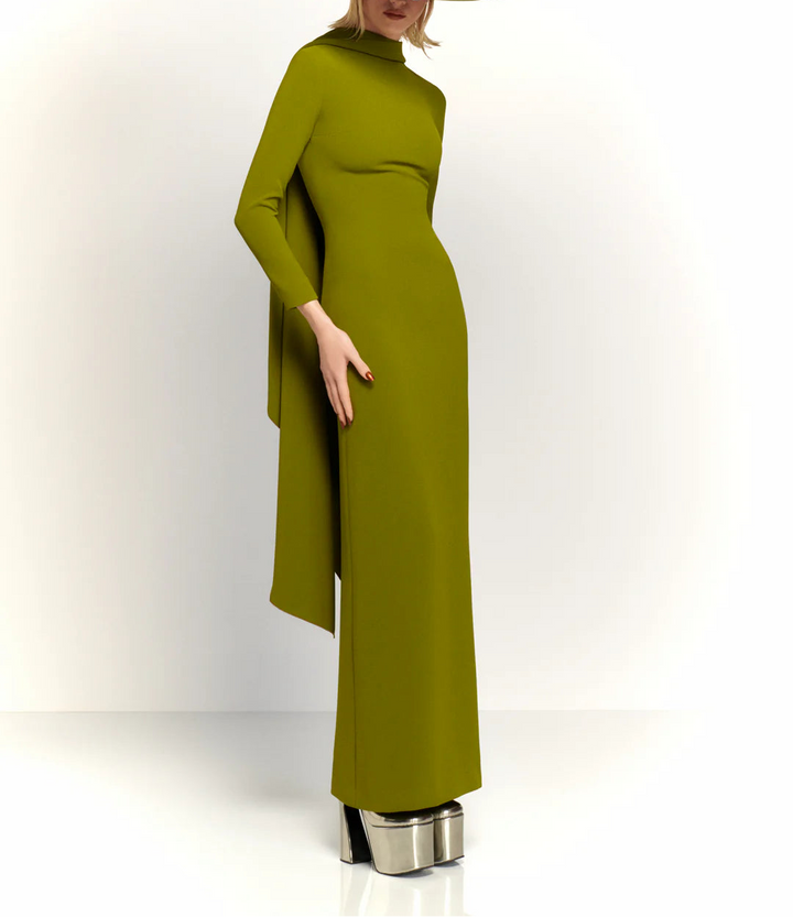 asymmetric long-sleeve column dress with cascading back drape – SOLANA