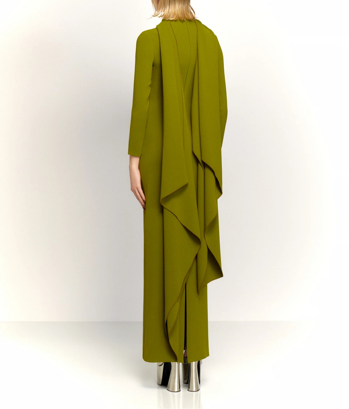 asymmetric long-sleeve column dress with cascading back drape – SOLANA