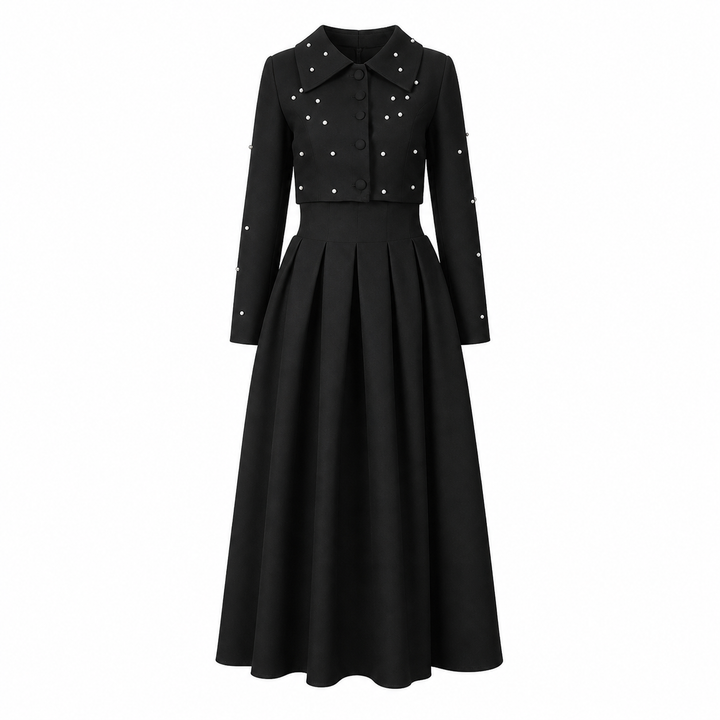 Black Pearl Collar Pleated Midi Dress – VÉLORA