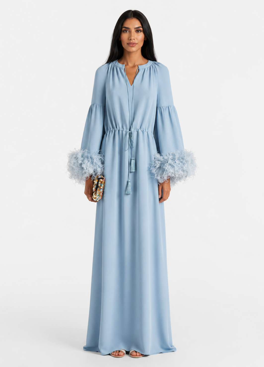 Powder Blue Feather Cuff Kaftan Dress - Serenity