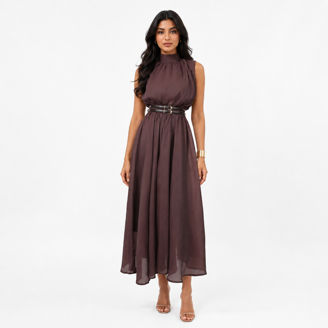 Elegant High-Neck Chiffon Maxi Dress - Serenity