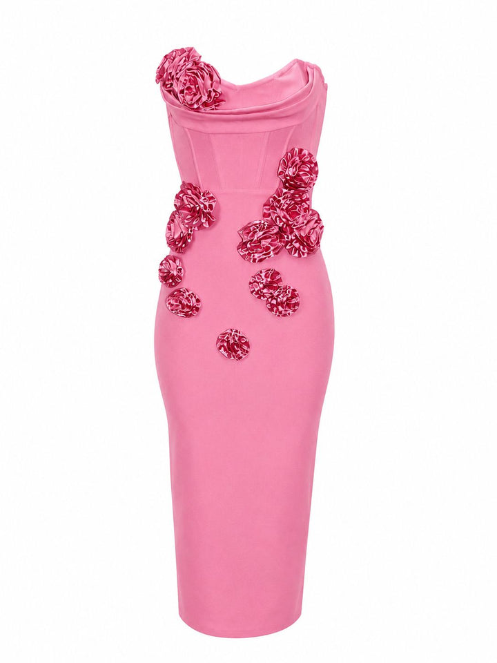 Floral Accent Strapless Midi Dress - Blossoms