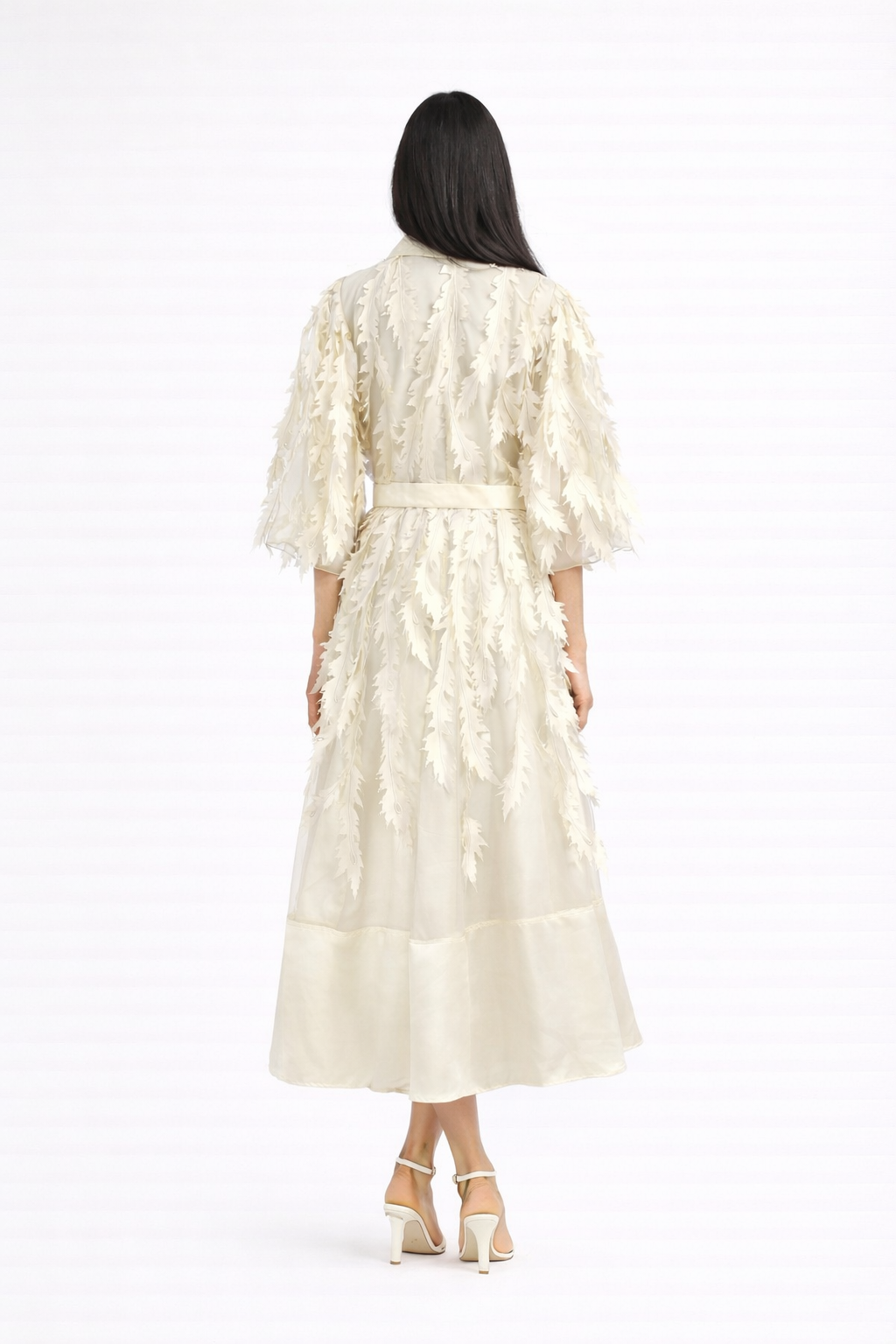 long sleeve chiffon dress with 3D leaf appliqué and belted waist – VIOLET