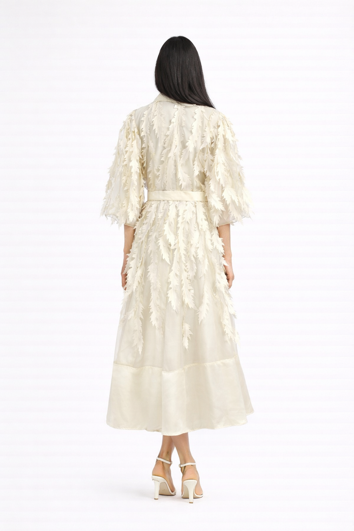 long sleeve chiffon dress with 3D leaf appliqué and belted waist – VIOLET