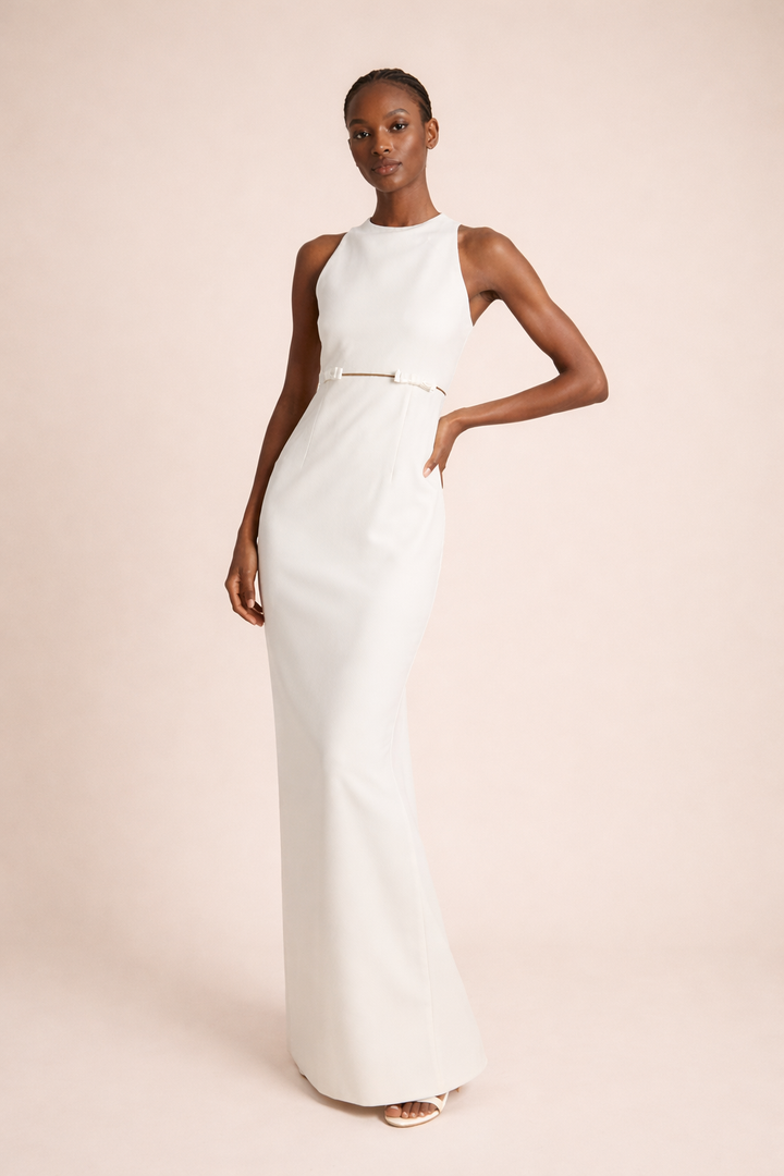 halter column gown with slim waist belt – SERENA