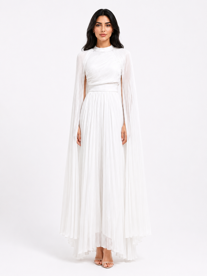 Pleated Cape Sleeve Maxi Dress - Fuchsia