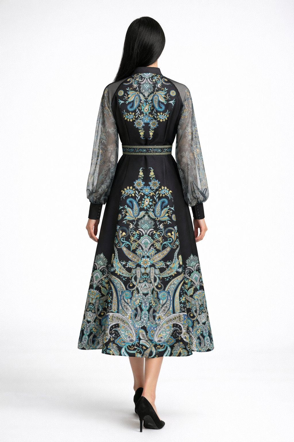 long sleeve paisley print dress with sheer sleeves and belted waist – NOIR