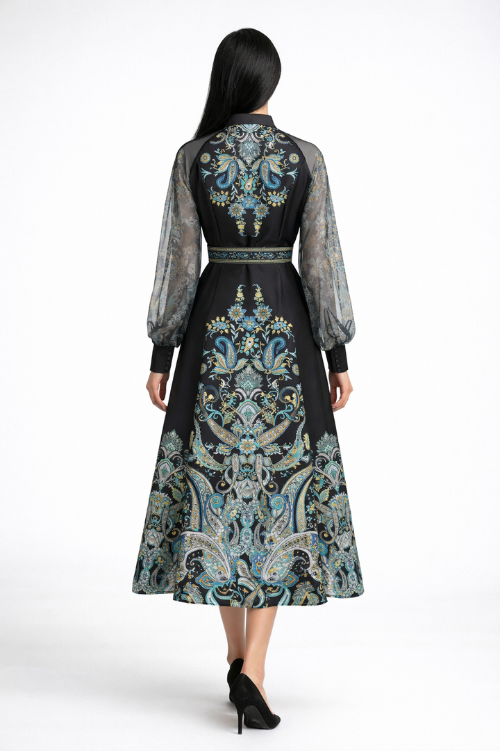 long sleeve paisley print dress with sheer sleeves and belted waist – NOIR