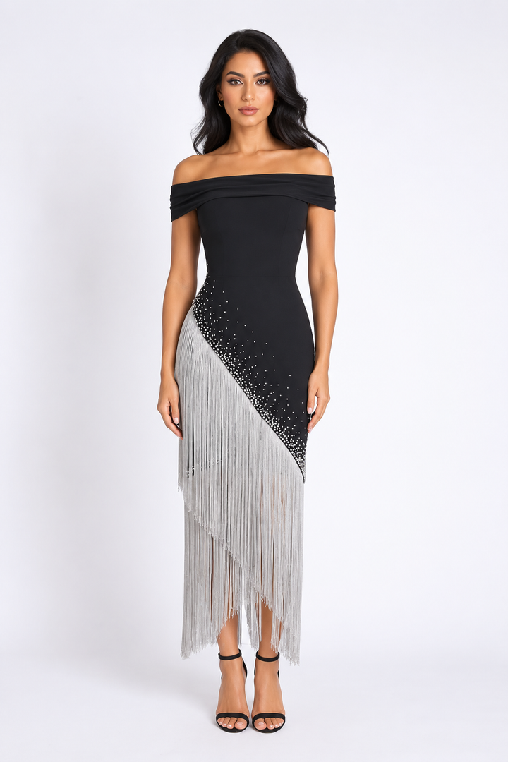 Midnight Fringe Pearl Dress - Glamour