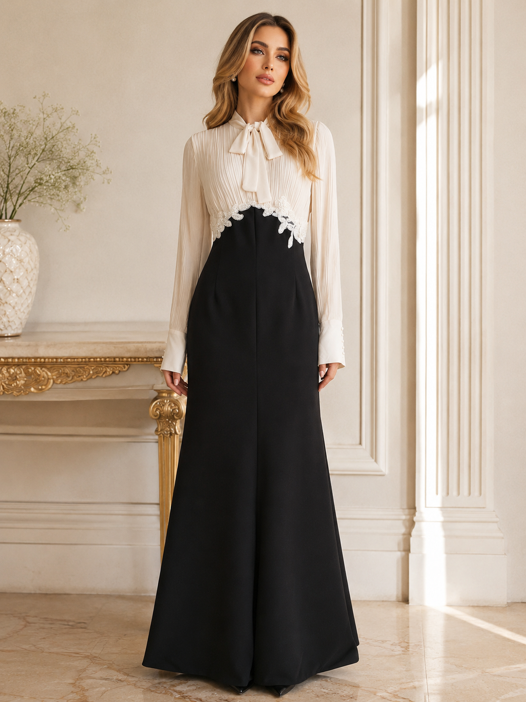 Elegant Contrast Bow Maxi Dress - Grace