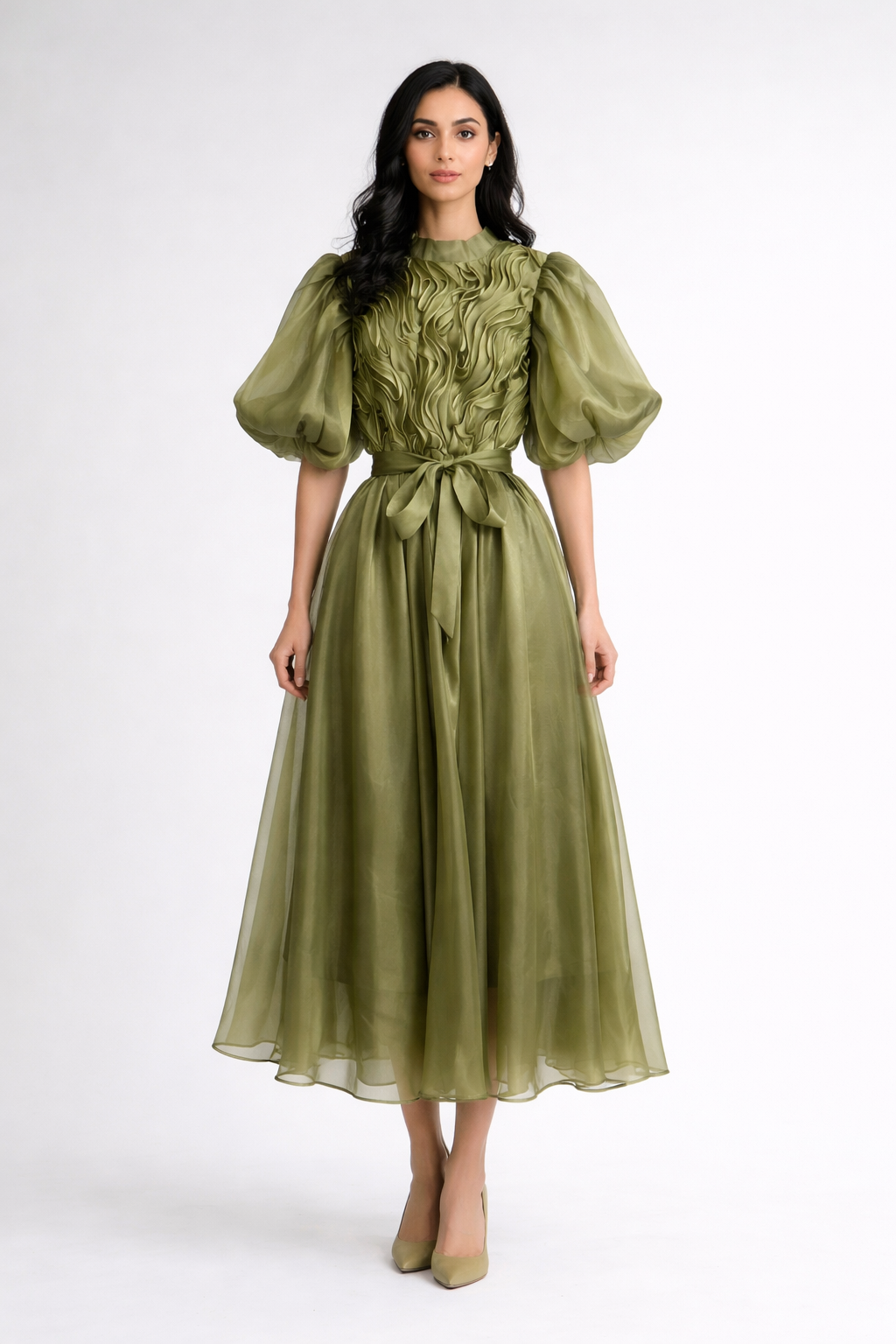 puff sleeve midi dress with textured bodice and belt – ROSELLA