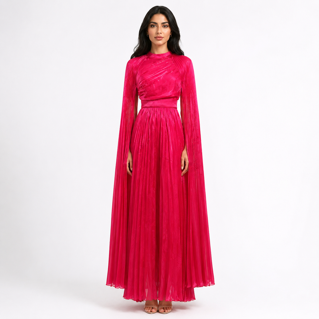 Pleated Cape Sleeve Maxi Dress - Fuchsia