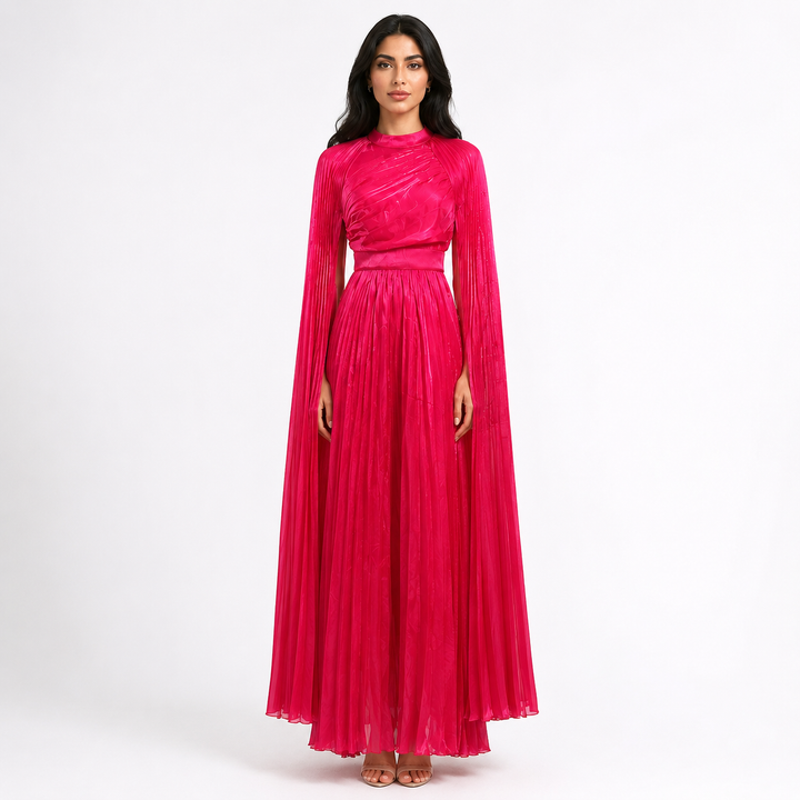Pleated Cape Sleeve Maxi Dress - Fuchsia