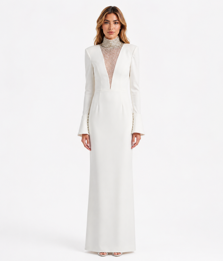 Ivory Crystal Neckline Evening Gown - Lumière