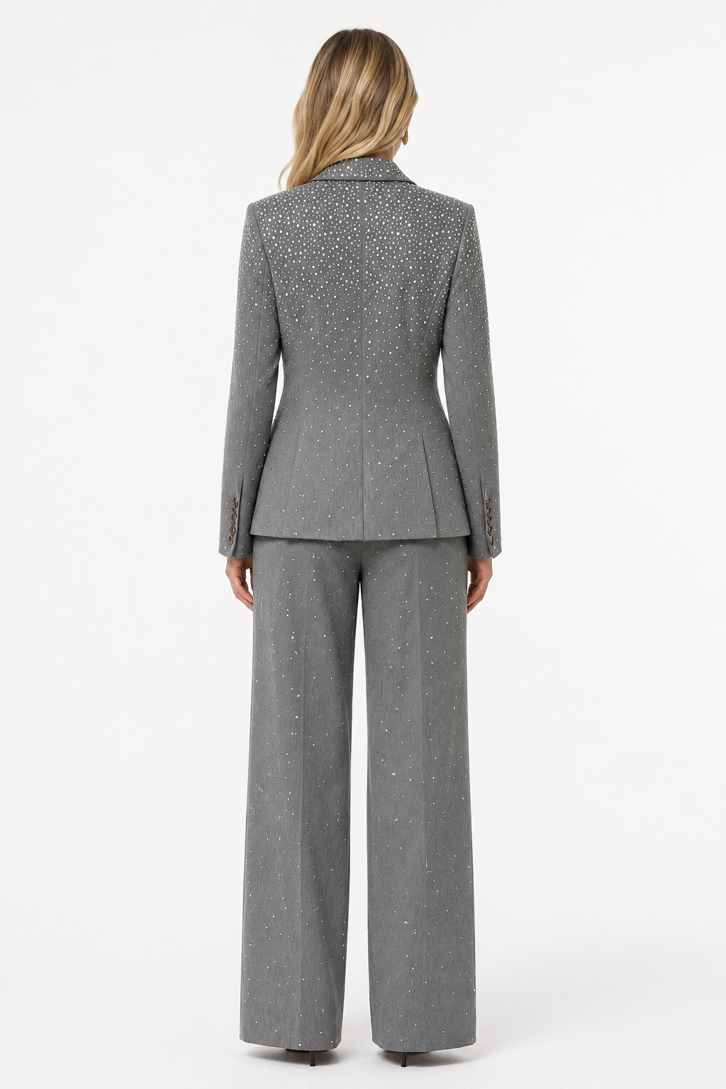 Rhinestone Tailored Blazer & Wide-Leg Pants Set - Silver