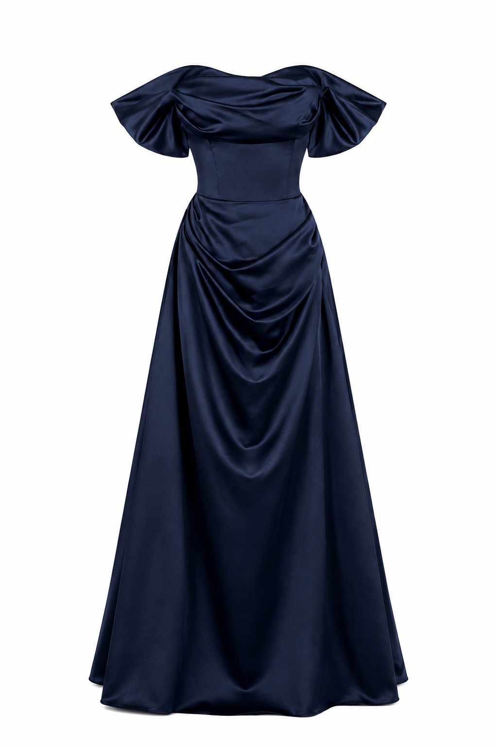 Off-Shoulder Satin Draped Ball Gown - Sapphire