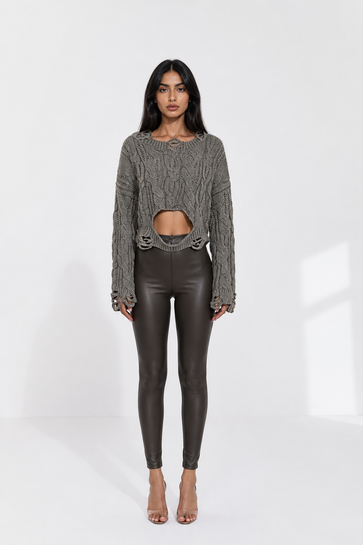 Distressed Knit Cut-Out Sweater – VELORA