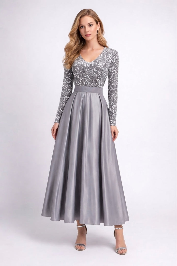 long-sleeve sequin bodice satin maxi dress – SILVÉRA