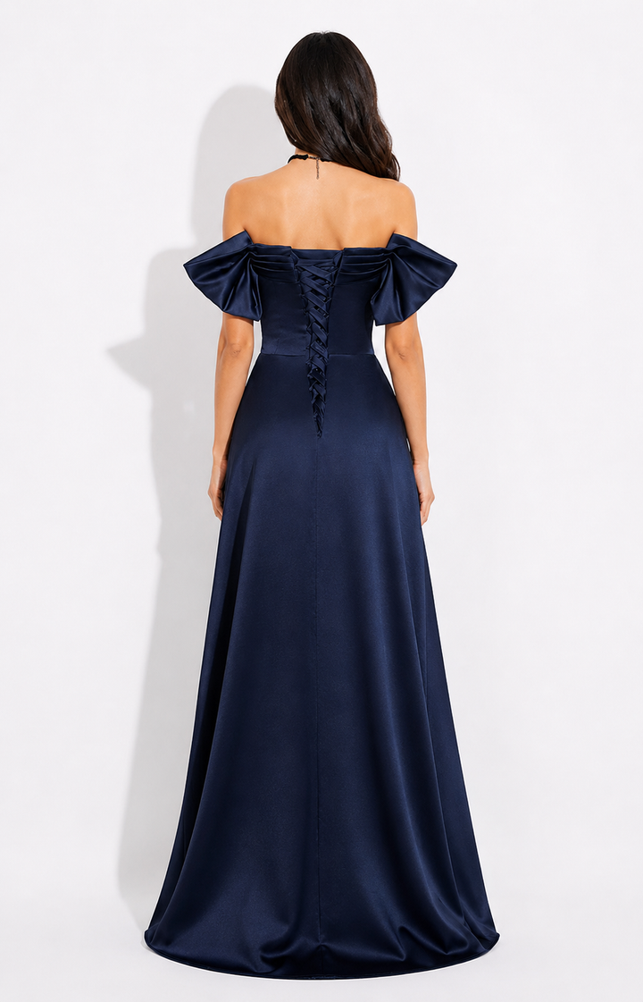 Off-Shoulder Satin Draped Ball Gown - Sapphire