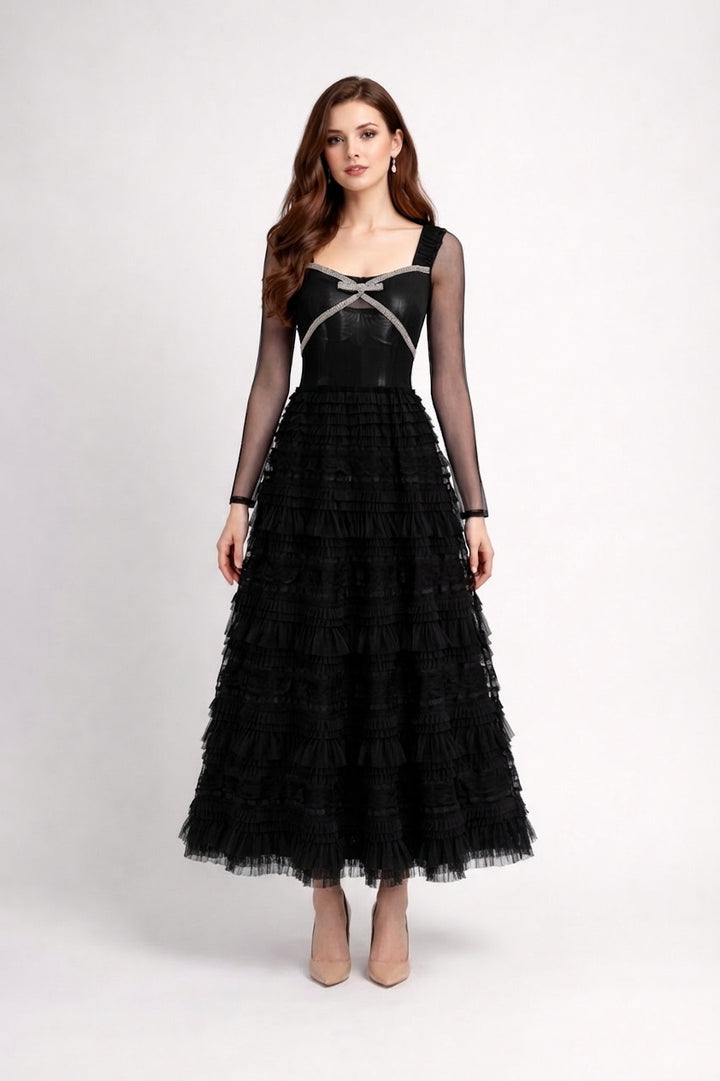 long-sleeve lace and tulle maxi dress with ribbon detail – BELLE