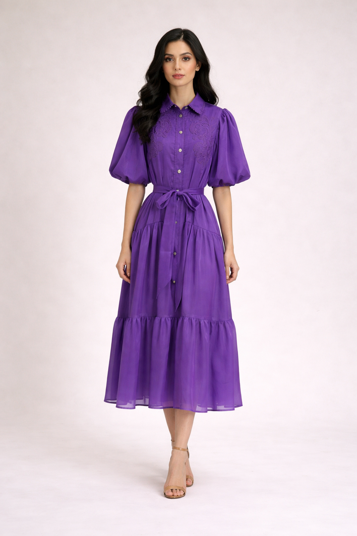 puff sleeve shirt midi dress with embroidered bodice and belt – OLIVIA