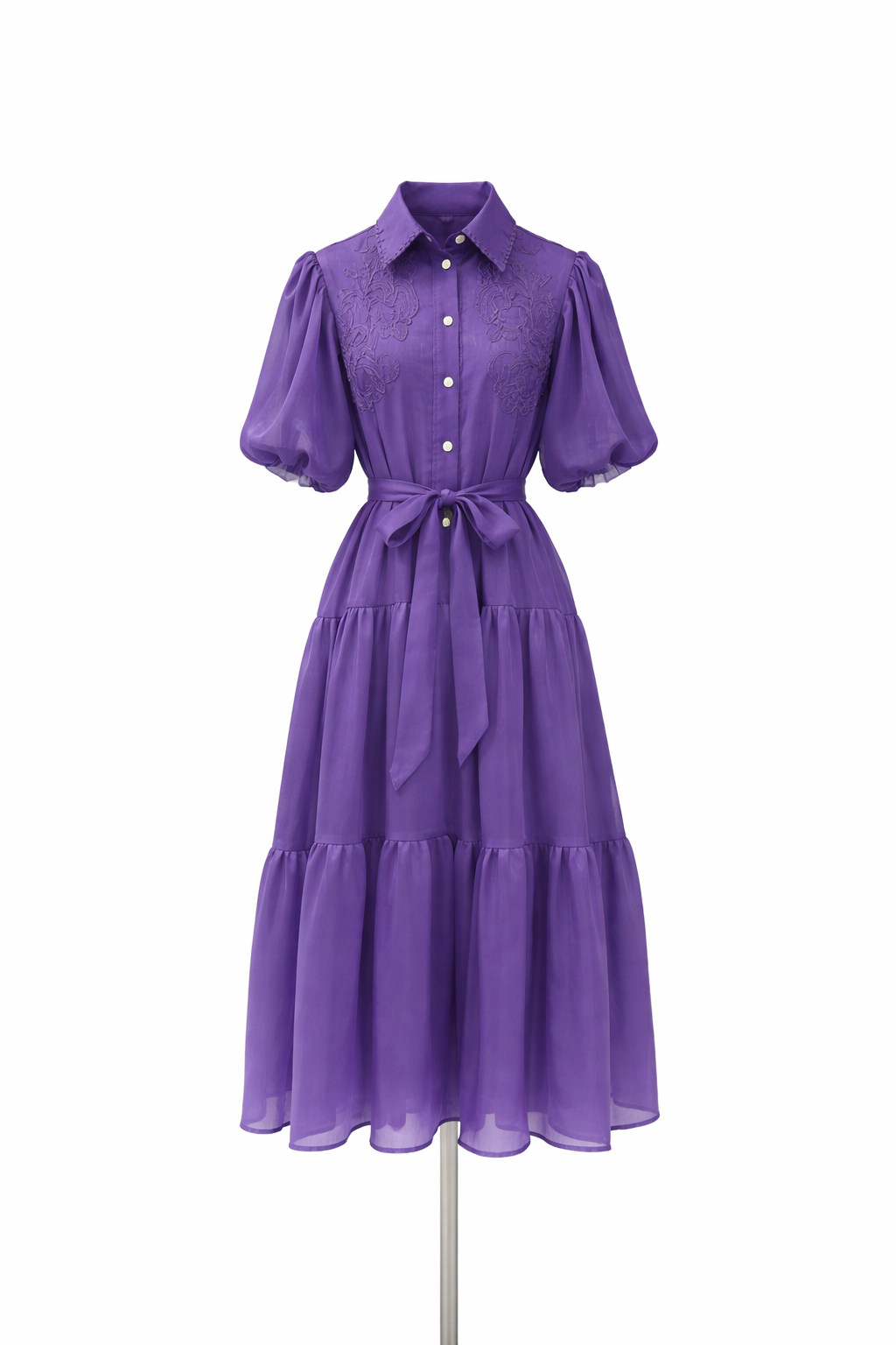 puff sleeve shirt midi dress with embroidered bodice and belt – OLIVIA