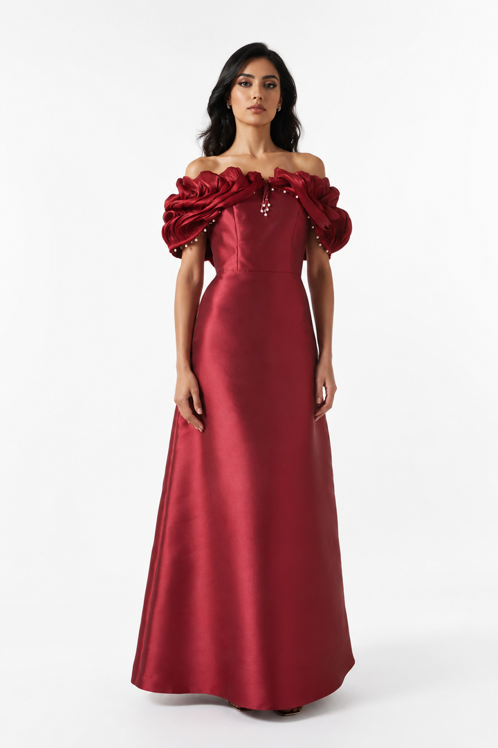 Off-Shoulder Satin Evening Gown - RUBÉLLE