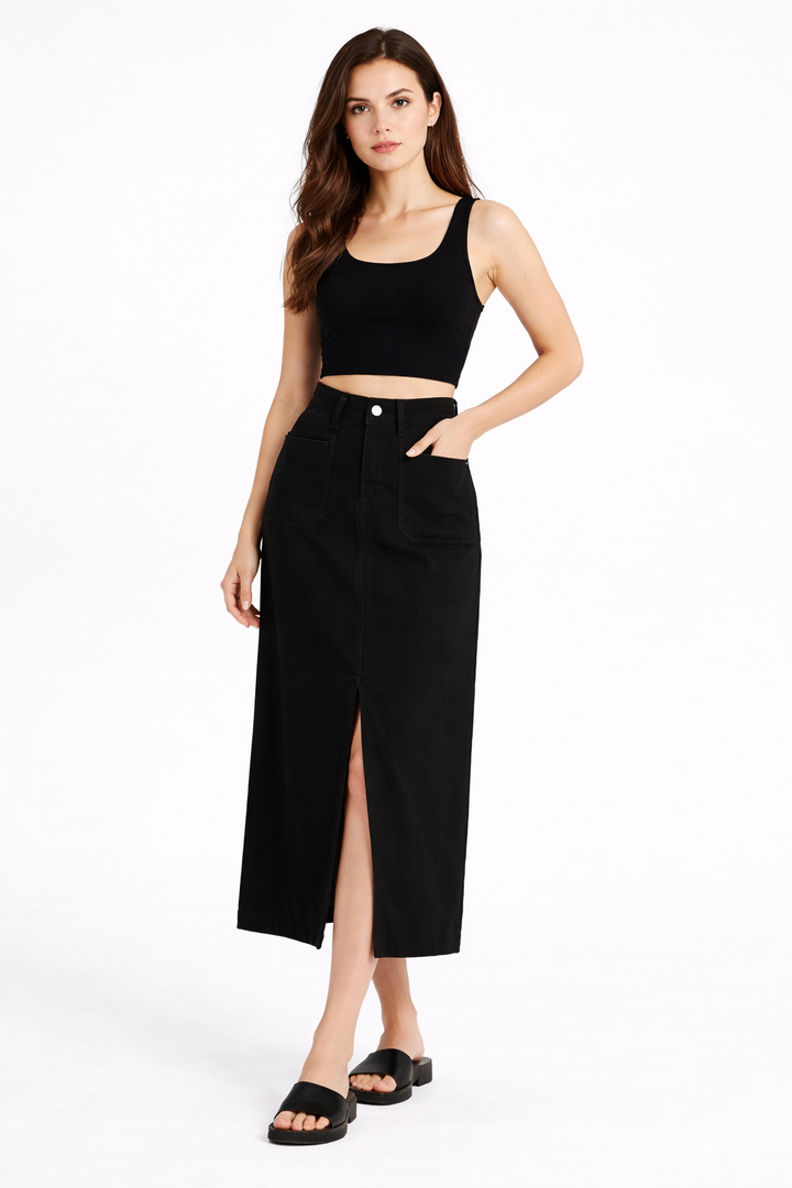 high-waisted denim midi skirt with front slit – SIENNA