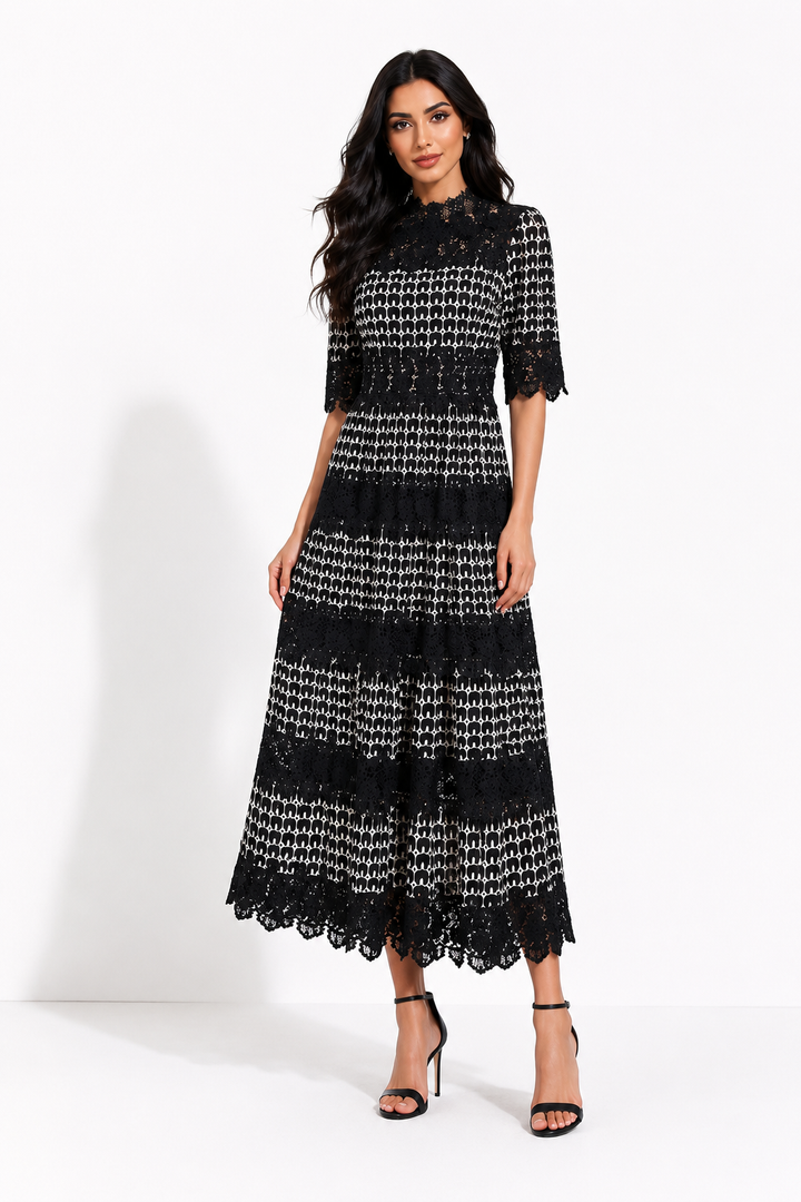 Vintage Lace High-Neck Maxi Dress - Noir