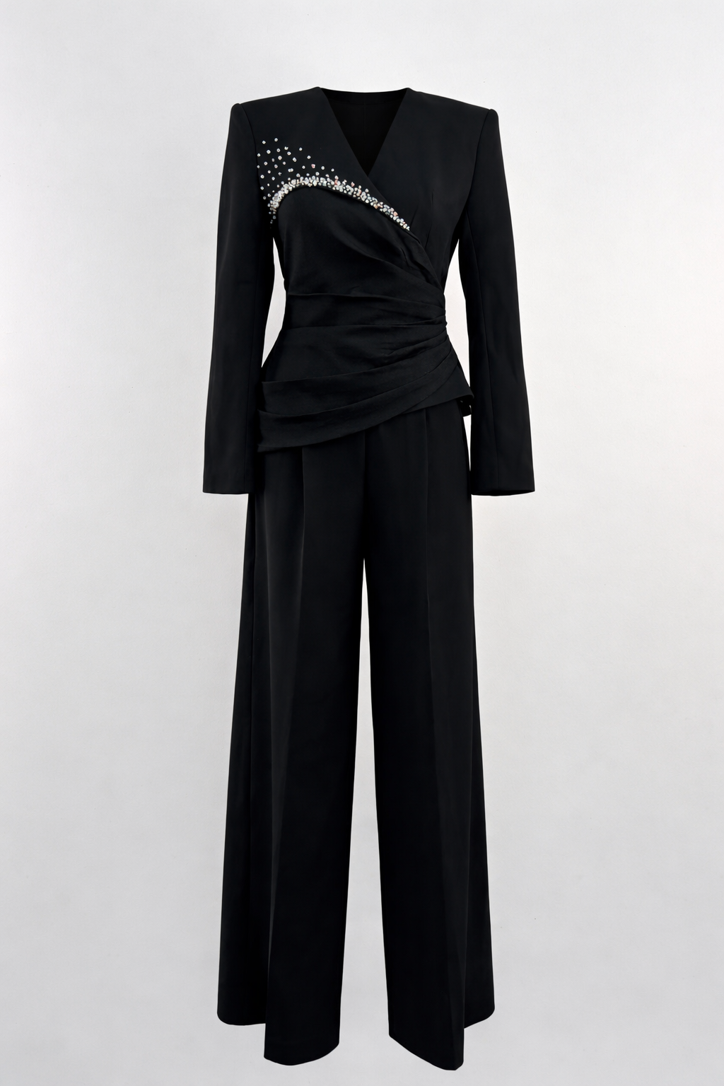 long sleeve wrap top with embellished neckline and wide-leg pants set – IVORIA