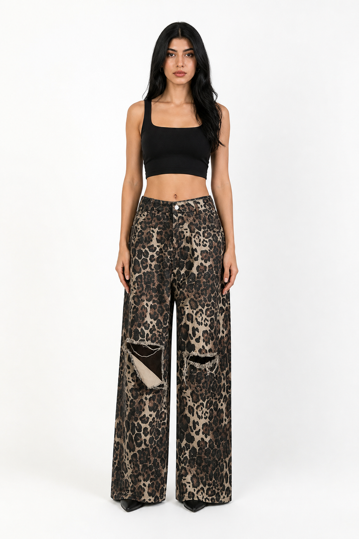Distressed Leopard Wide-Leg Jeans – STREET