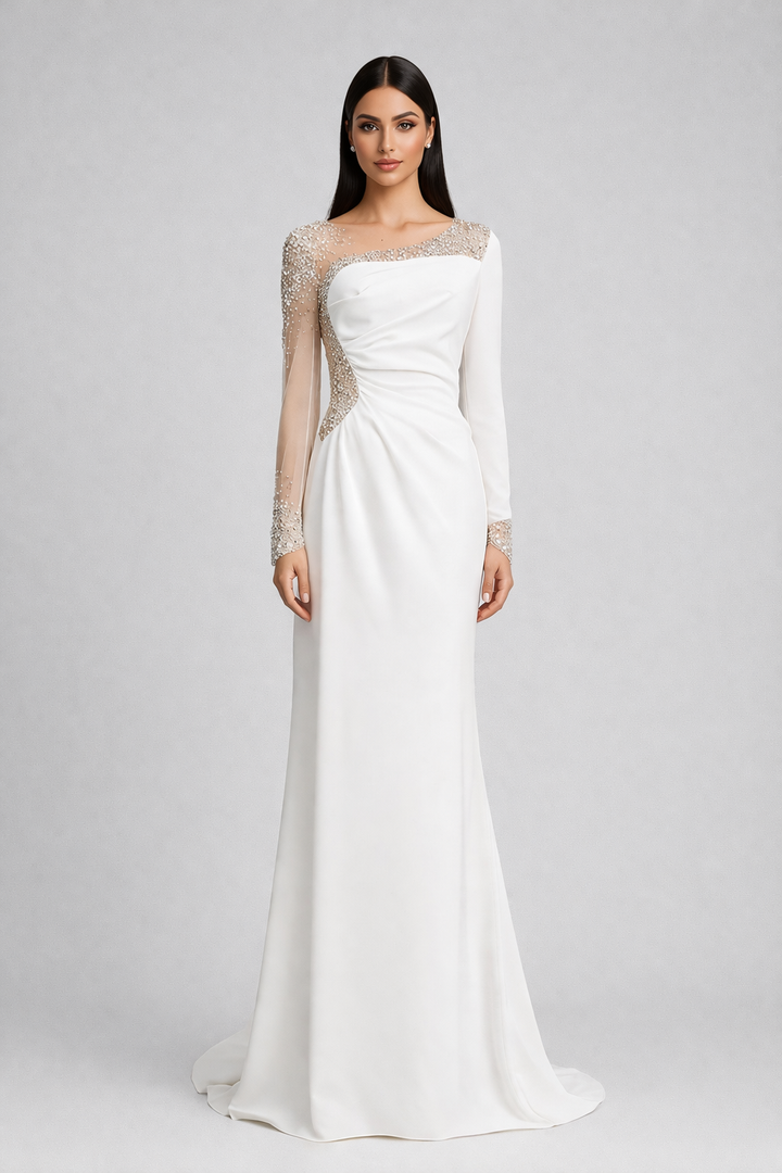 one-shoulder mermaid gown with embellished illusion sleeve – GLAM