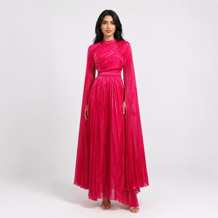 Pleated Cape Sleeve Maxi Dress - Fuchsia