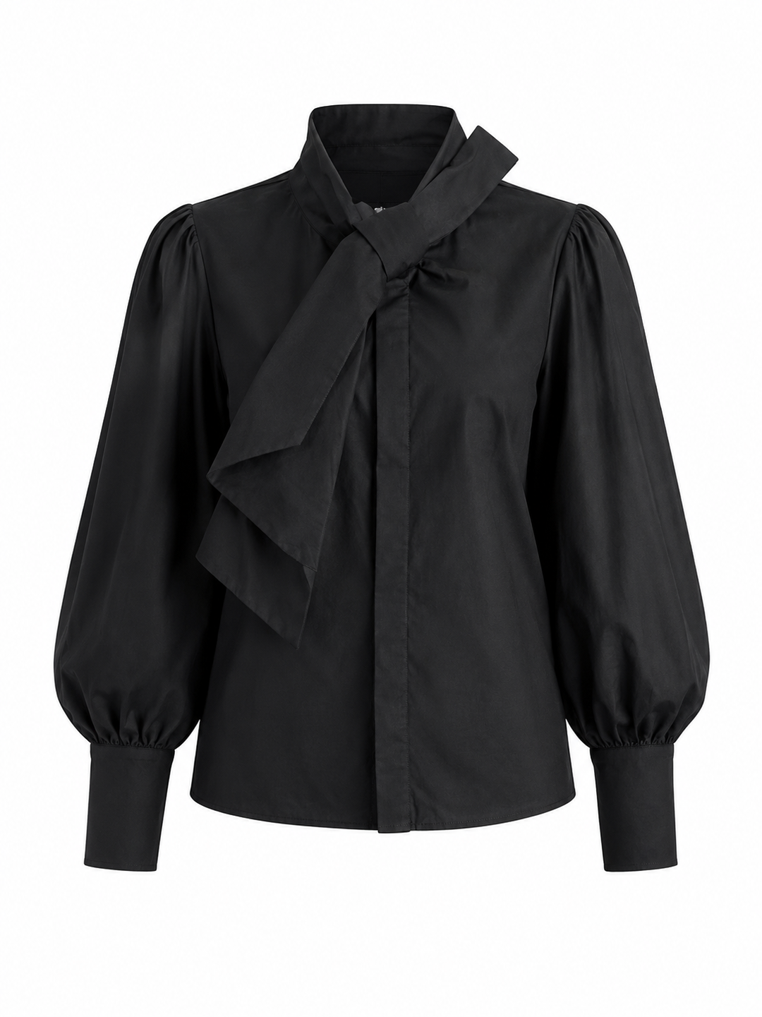 Black Bow-Neck Puff Sleeve Blouse - Noir