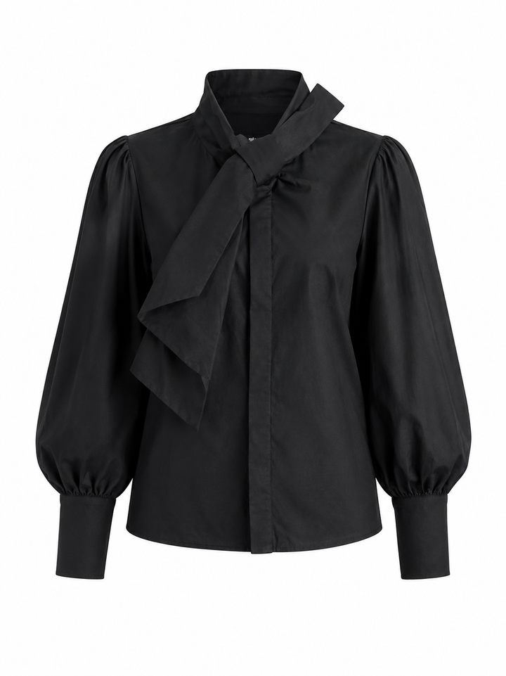 Black Bow-Neck Puff Sleeve Blouse - Noir