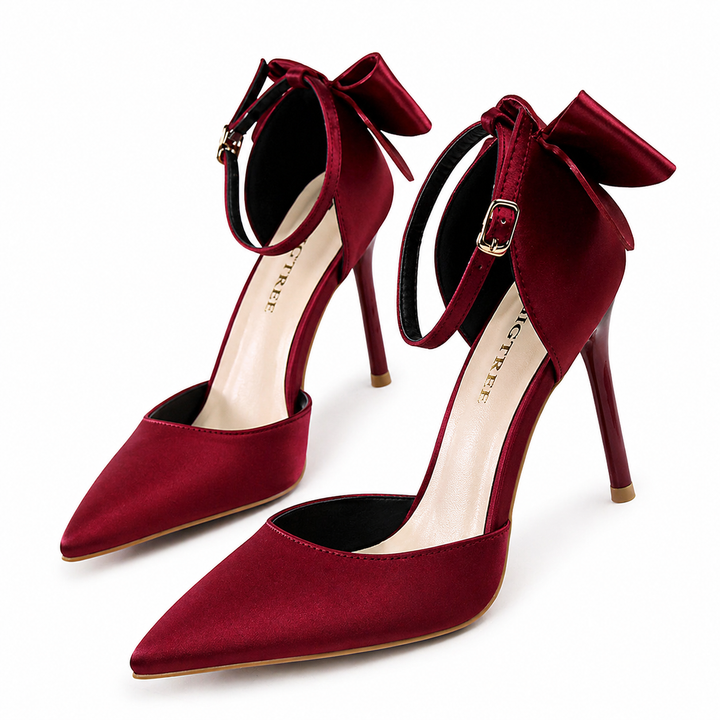 Fuchsia Satin Pointed-Toe Heels with Ankle Strap Bow – ROSÉVA