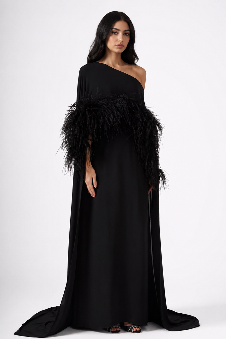 Feathered One-Shoulder Evening Gown - NOIRÉ