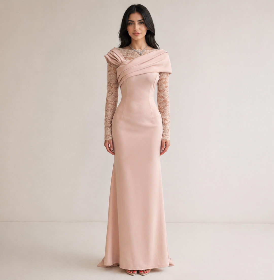 Blush Lace Sleeve Draped Gown – ÉLARA