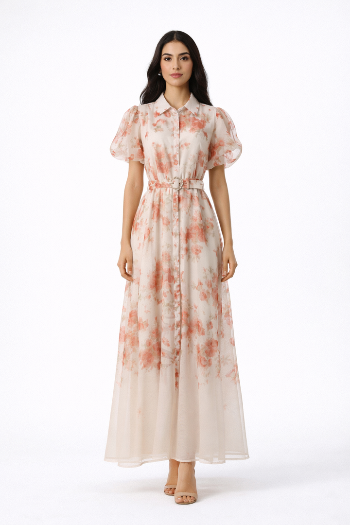 sheer floral maxi dress with puff sleeves and belt – BLOSSOM