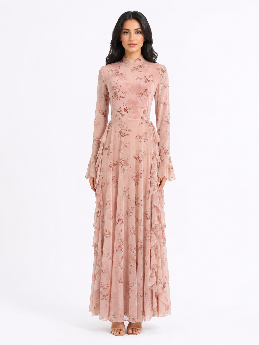Floral Jacquard Ruffle Maxi Dress - Taupe