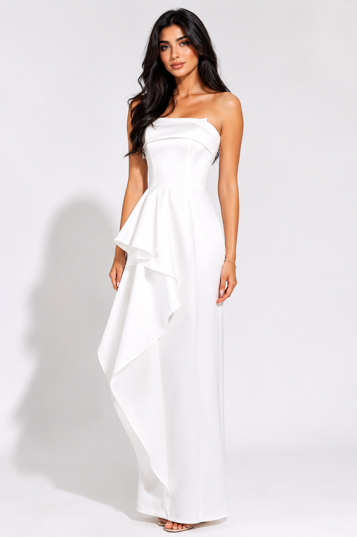 Strapless Cascade Ruffle Column Dress - Ivory