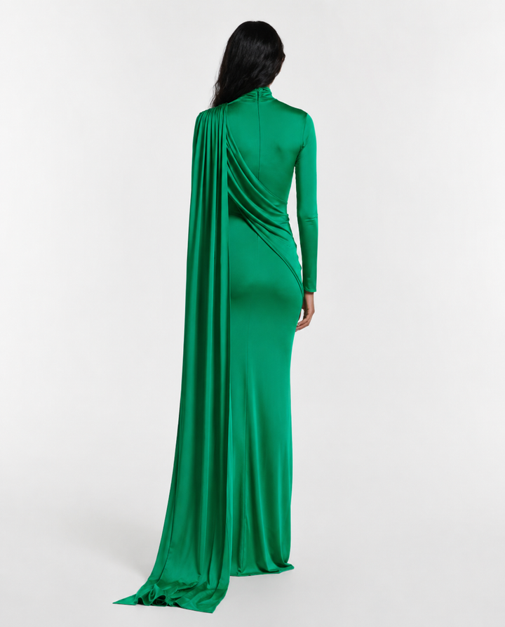 Emerald Draped Cape Evening Gown - Elara