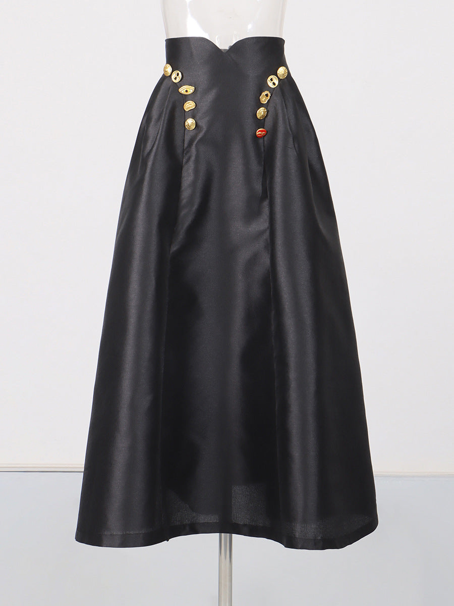 high-waisted midi skirt with gold button detail – ICON