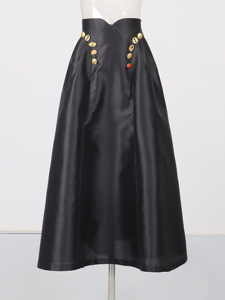high-waisted midi skirt with gold button detail – ICON