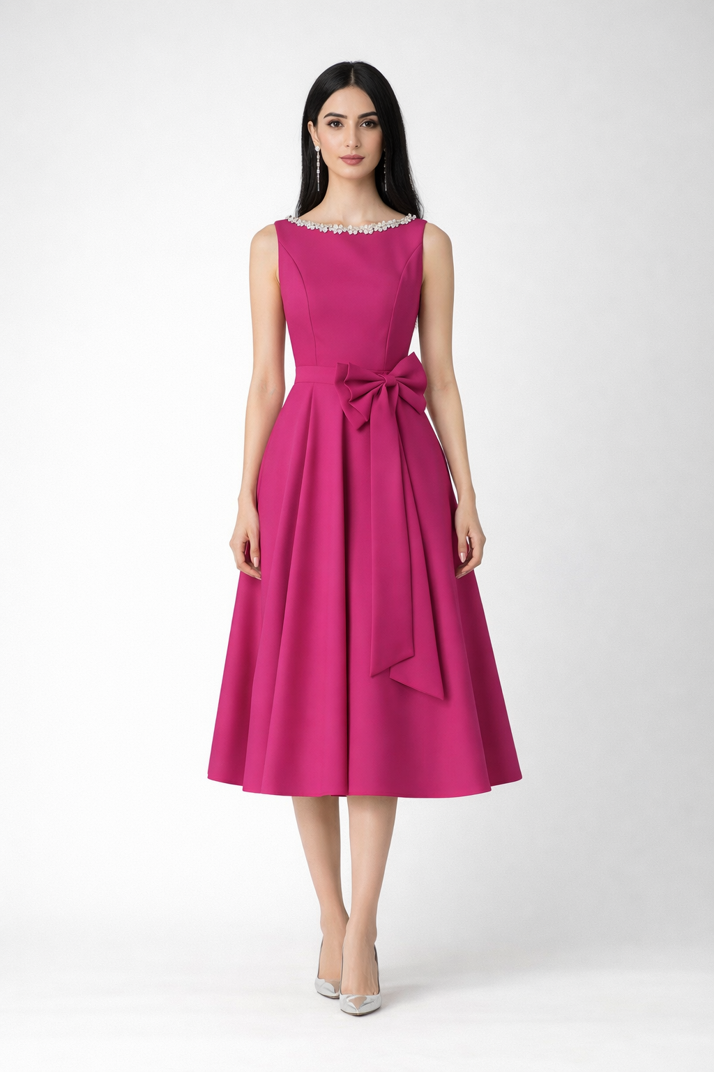 sleeveless A-line midi dress with side bow detail – PEARL