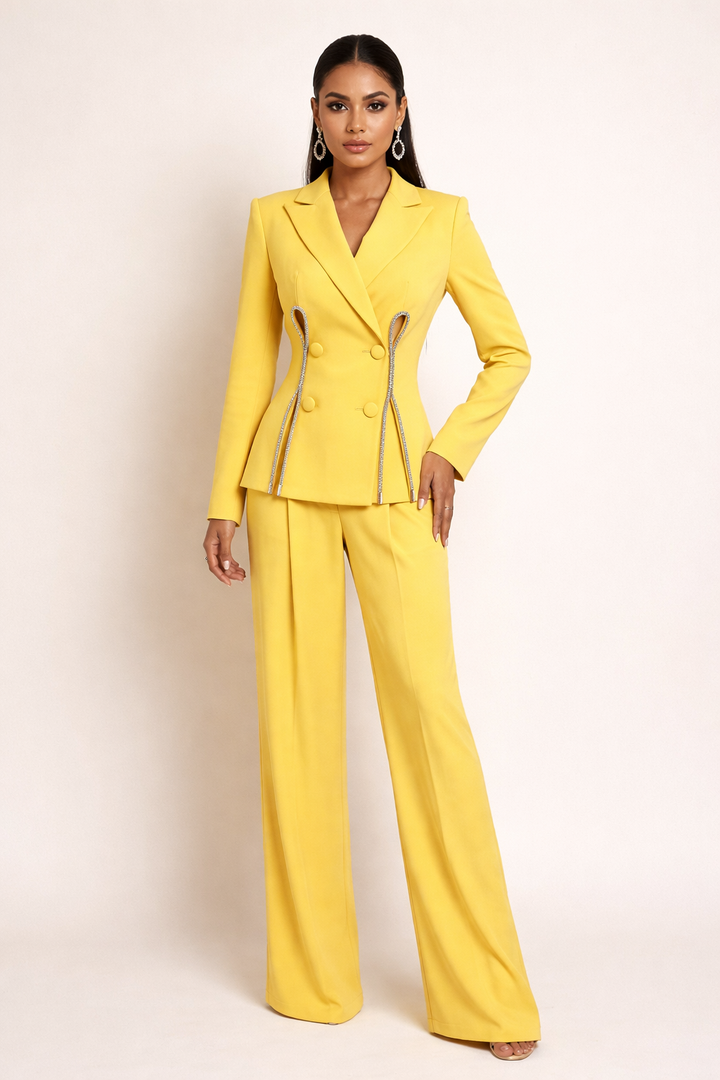 double-breasted tailored pantsuit with crystal trim - Cathy