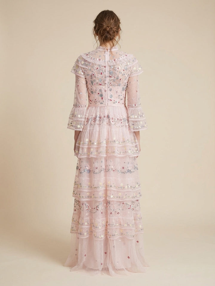 high-neck embroidered tulle maxi dress with layered ruffles – BLUSH