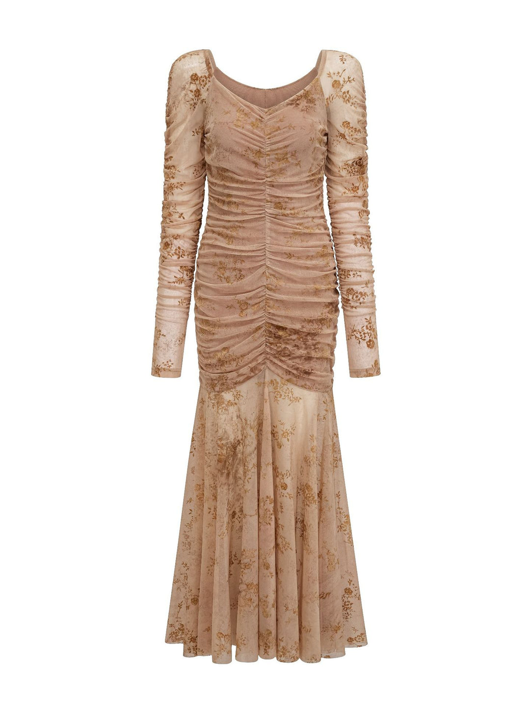 long-sleeve ruched floral midi dress with flared hem – ROSÉA
